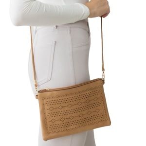 Tan Leather Crossbody Purse with Tribal Pattern